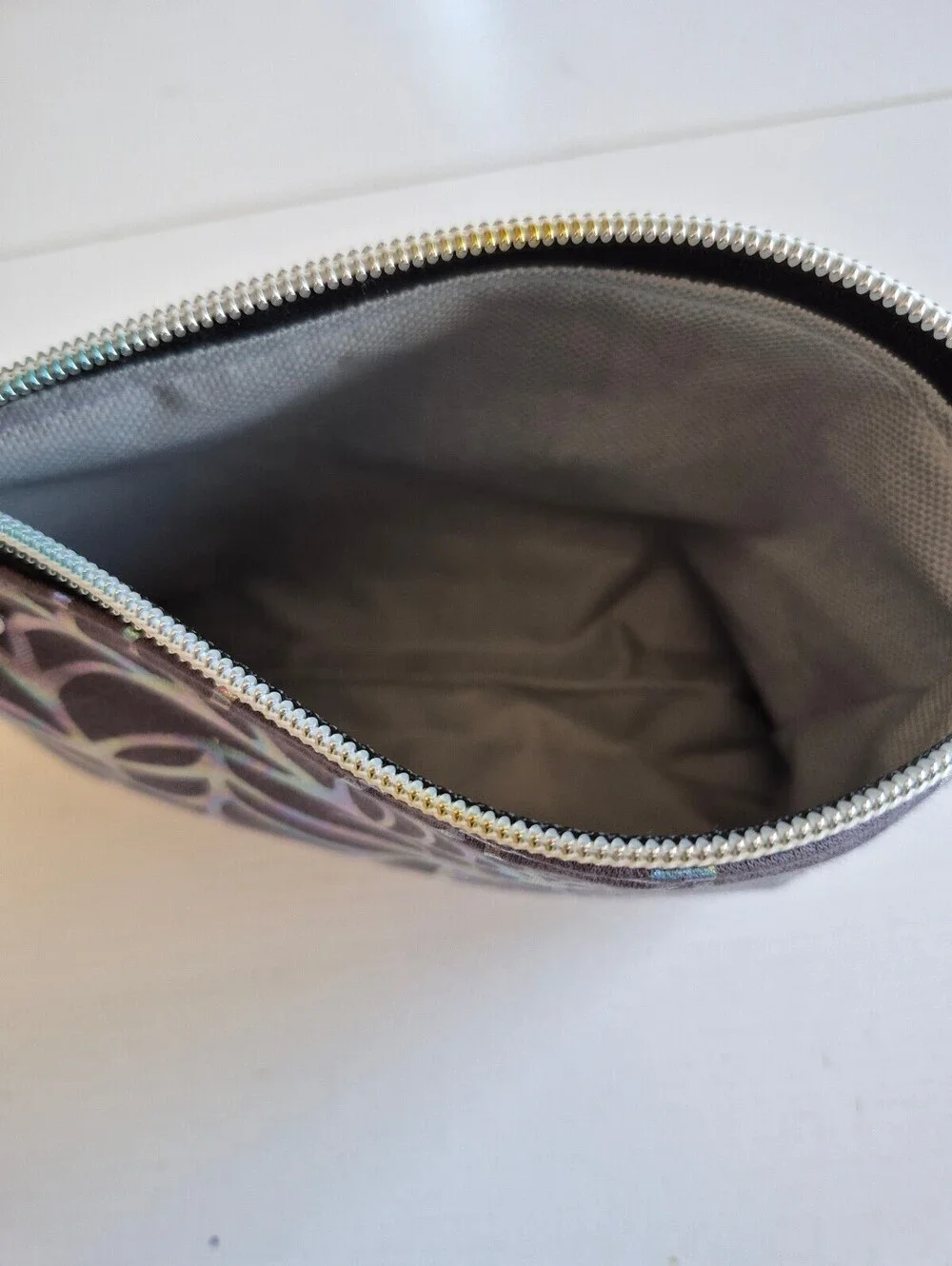 iridescent spider web grey Cosmetic Pouch, whimsical goth bag